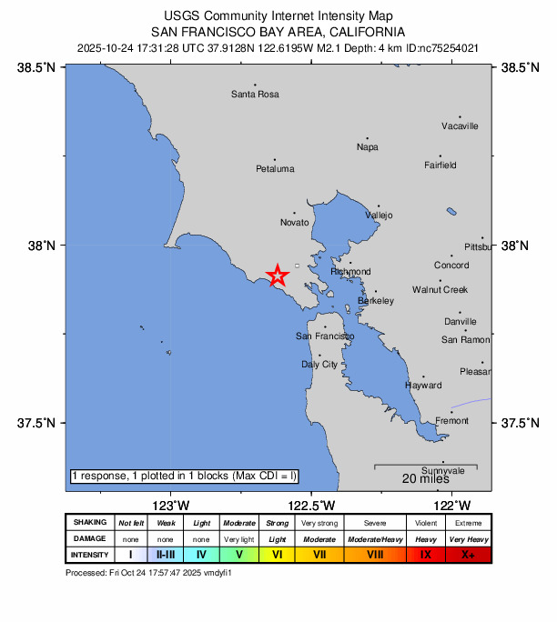 USGS DYFI community-reported intensity map for the M2.1 earthquake near 3 km ENE of Stinson Beach, CA