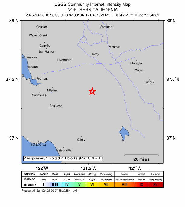 USGS DYFI community-reported intensity map for the M2.5 earthquake near 29 km SW of Westley, CA