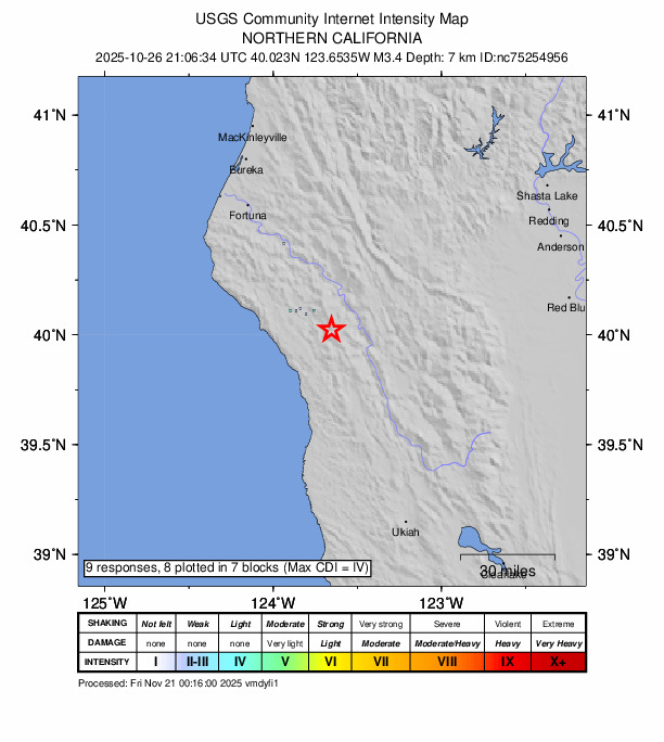 USGS DYFI community-reported intensity map for the M3.4 earthquake near 18 km SE of Redway, CA