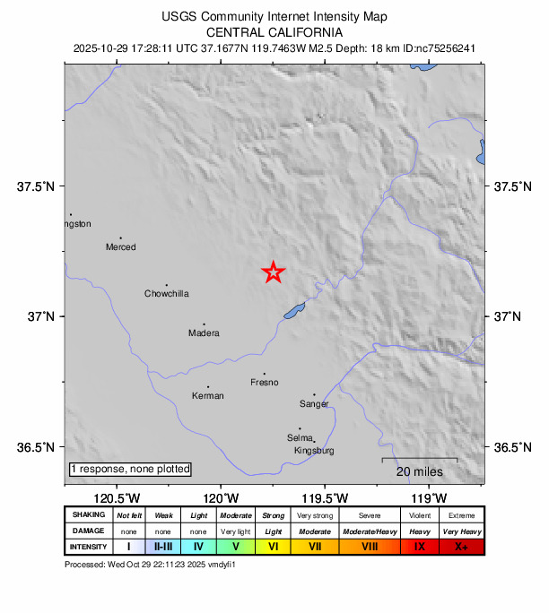 USGS DYFI community-reported intensity map for the M2.5 earthquake near 3 km SE of Yosemite Lakes, CA