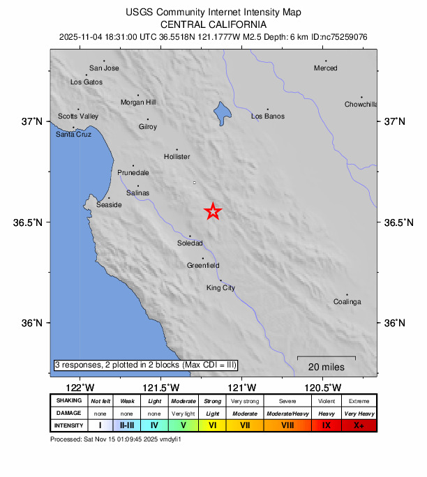 USGS DYFI community-reported intensity map for the M2.5 earthquake near 4 km NW of Pinnacles, CA