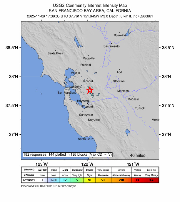 USGS DYFI community-reported intensity map for the M3.0 earthquake near 4 km SE of San Ramon, CA