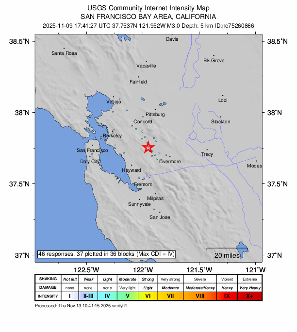 USGS DYFI community-reported intensity map for the M3.0 earthquake near 4 km SE of San Ramon, CA