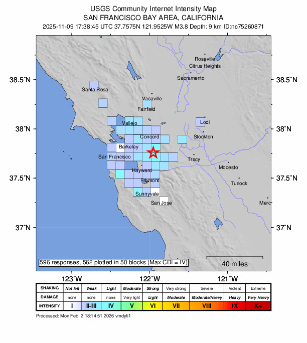 USGS DYFI community-reported intensity map for the M3.8 earthquake near 3 km SE of San Ramon, CA