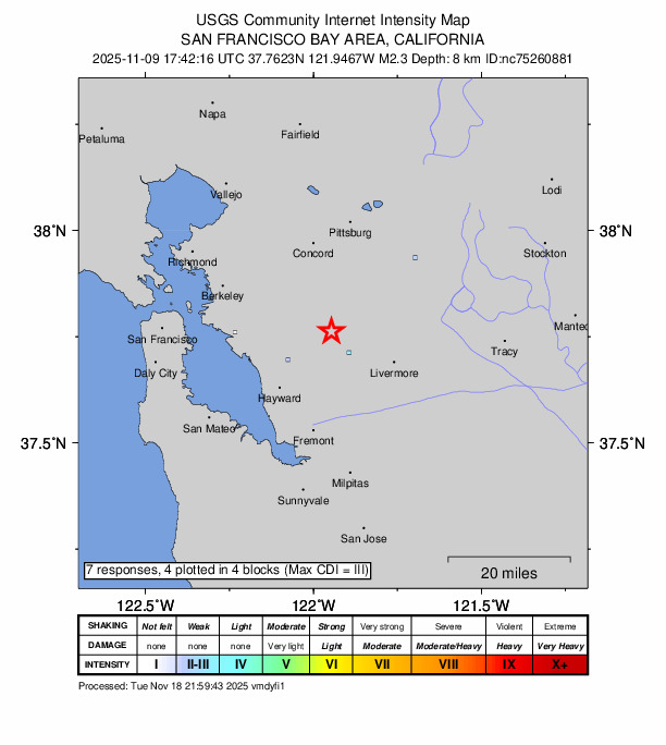 USGS DYFI community-reported intensity map for the M2.3 earthquake near 3 km SE of San Ramon, CA