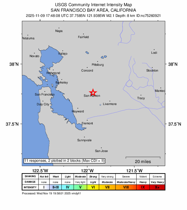USGS DYFI community-reported intensity map for the M2.1 earthquake near 4 km SE of San Ramon, CA