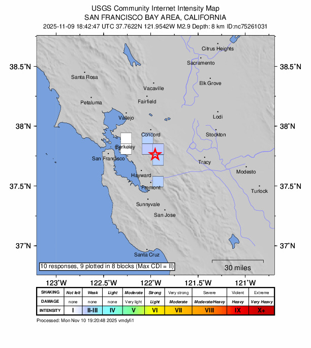 USGS DYFI community-reported intensity map for the M2.9 earthquake near 3 km SE of San Ramon, CA