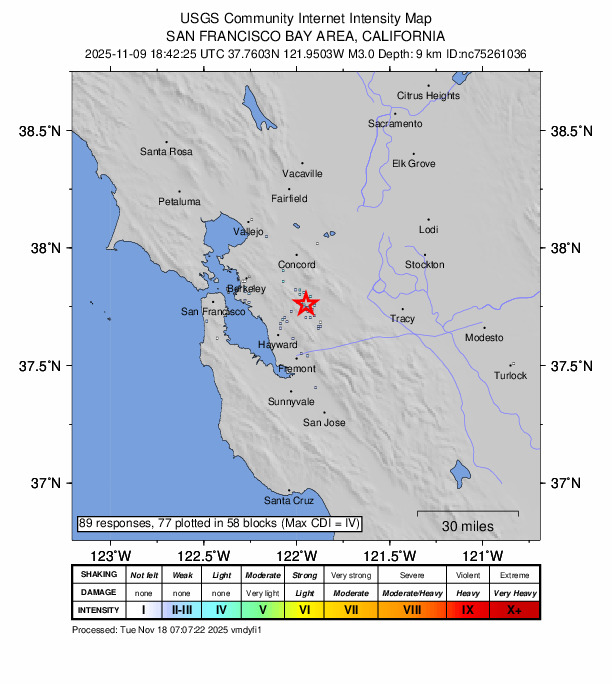 USGS DYFI community-reported intensity map for the M3.0 earthquake near 3 km SE of San Ramon, CA