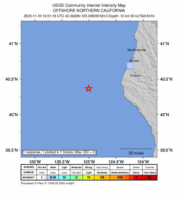 USGS DYFI community-reported intensity map for the M3.0 earthquake near 61 km W of Petrolia, CA