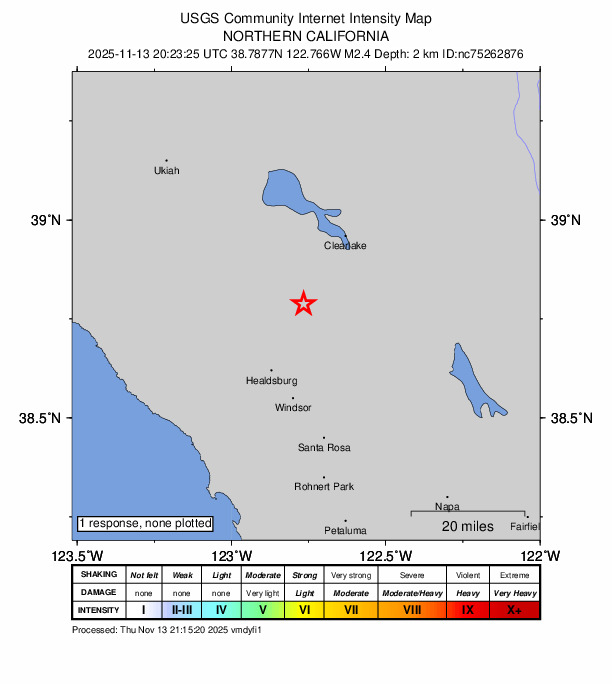 USGS DYFI community-reported intensity map for the M2.4 earthquake near 1 km NW of The Geysers, CA