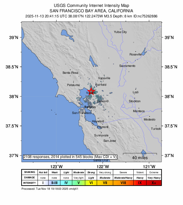 USGS DYFI community-reported intensity map for the M3.5 earthquake near 4 km SSW of Vallejo, CA