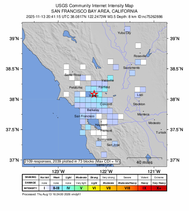 USGS DYFI community-reported intensity map for the M3.5 earthquake near 4 km SSW of Vallejo, CA