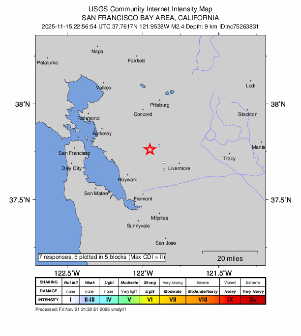 USGS DYFI community-reported intensity map for the M2.4 earthquake near 3 km SE of San Ramon, CA