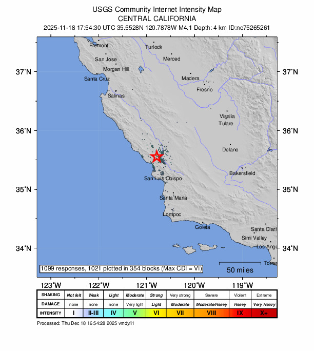 USGS DYFI community-reported intensity map for the M4.1 earthquake near 7 km W of Templeton, CA