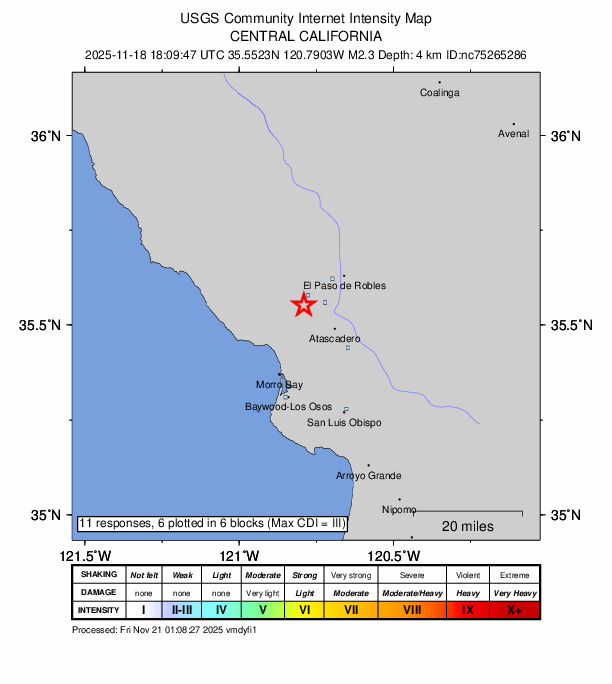 USGS DYFI community-reported intensity map for the M2.3 earthquake near 8 km W of Templeton, CA