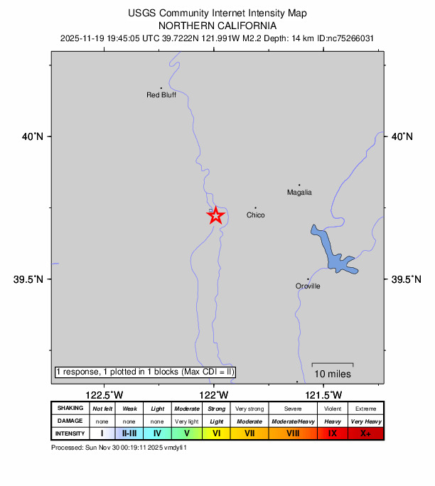 USGS DYFI community-reported intensity map for the M2.2 earthquake near 3 km SE of Hamilton City, CA