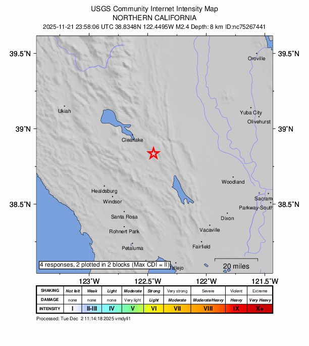 USGS DYFI community-reported intensity map for the M2.4 earthquake near 10 km ENE of Hidden Valley Lake, CA