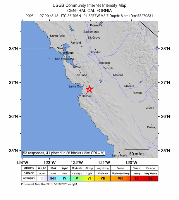USGS DYFI community-reported intensity map for the M3.7 earthquake near 6 km S of San Juan Bautista, CA