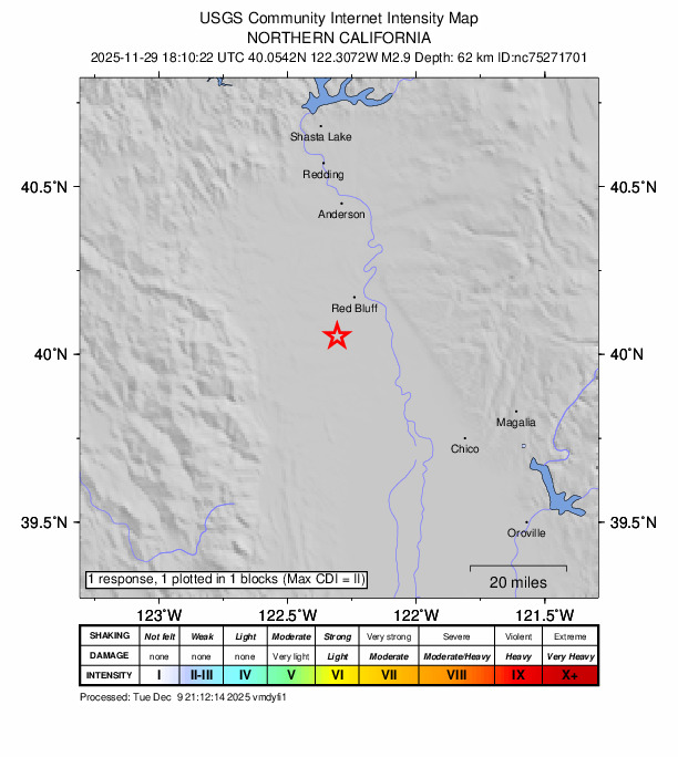 USGS DYFI community-reported intensity map for the M2.9 earthquake near 9 km ENE of Rancho Tehama Reserve, CA