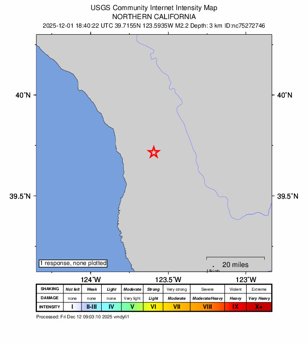 USGS DYFI community-reported intensity map for the M2.2 earthquake near 10 km WNW of Laytonville, CA