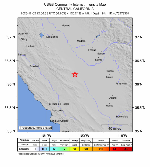 USGS DYFI community-reported intensity map for the M2.1 earthquake near 12 km NE of Coalinga, CA