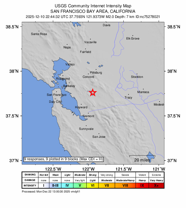USGS DYFI community-reported intensity map for the M2.0 earthquake near 4 km ESE of San Ramon, CA