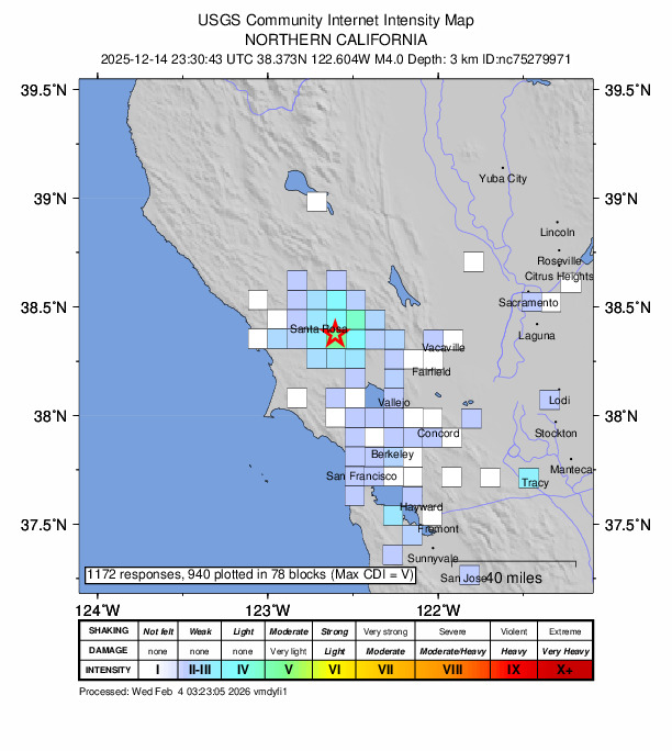 USGS DYFI community-reported intensity map for the M4.0 earthquake near 6 km W of Glen Ellen, CA