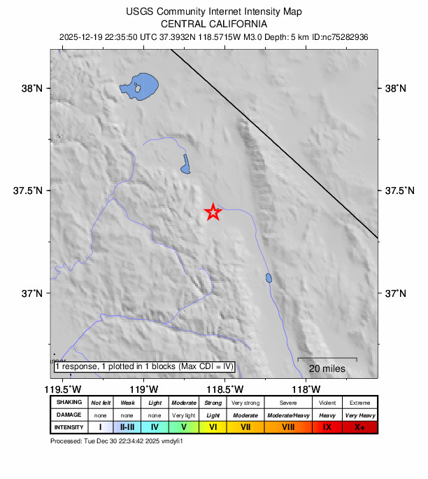 USGS DYFI community-reported intensity map for the M3.0 earthquake near 3 km SE of Round Valley, CA