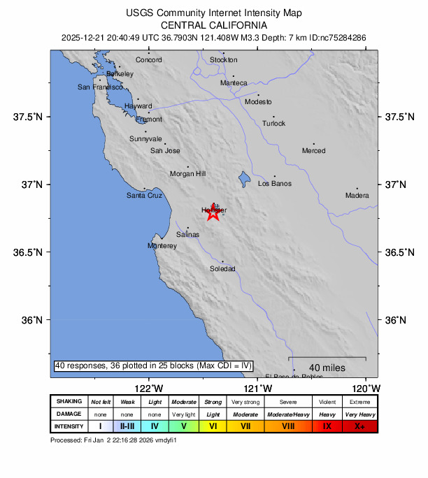 USGS DYFI community-reported intensity map for the M3.3 earthquake near 4 km WSW of Ridgemark, CA