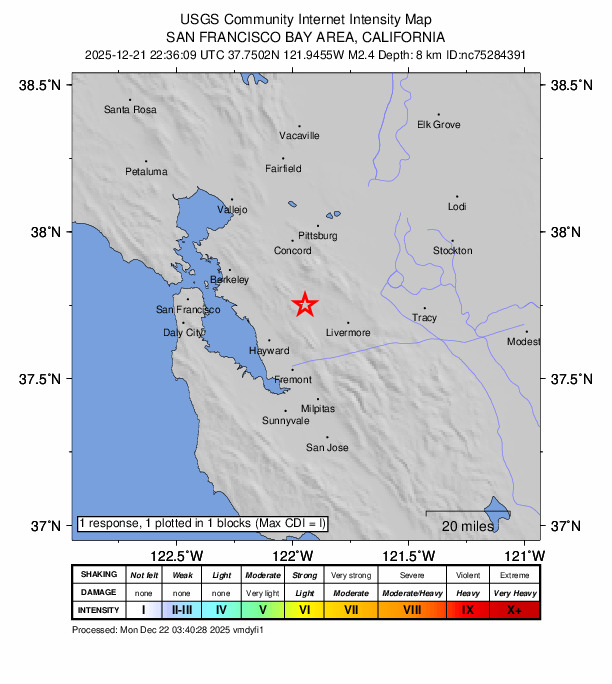 USGS DYFI community-reported intensity map for the M2.4 earthquake near 4 km SE of San Ramon, CA