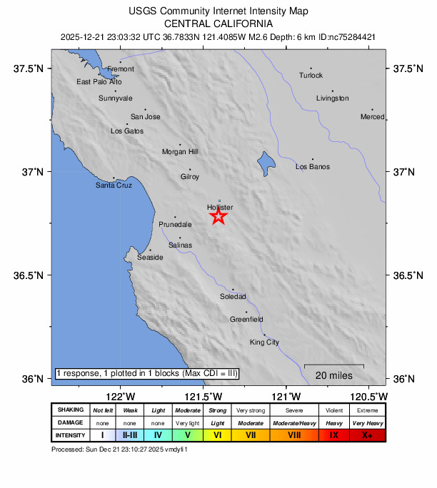 USGS DYFI community-reported intensity map for the M2.6 earthquake near 5 km SW of Ridgemark, CA