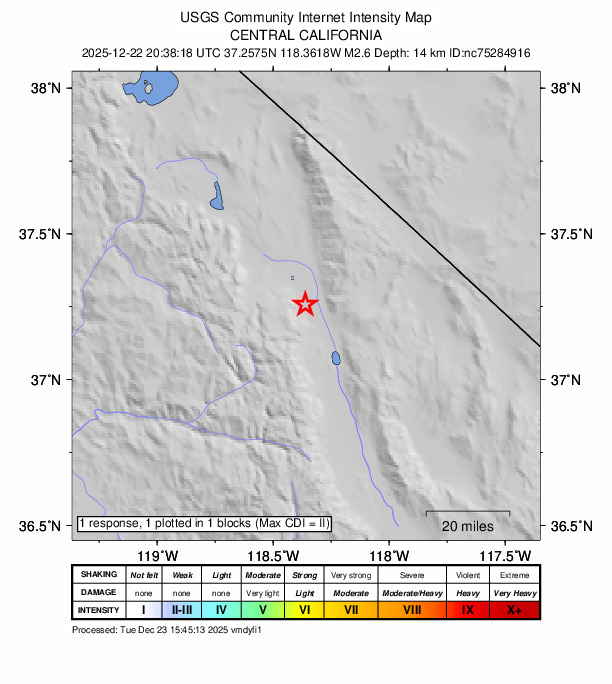 USGS DYFI community-reported intensity map for the M2.6 earthquake near 3 km SE of Wilkerson, CA