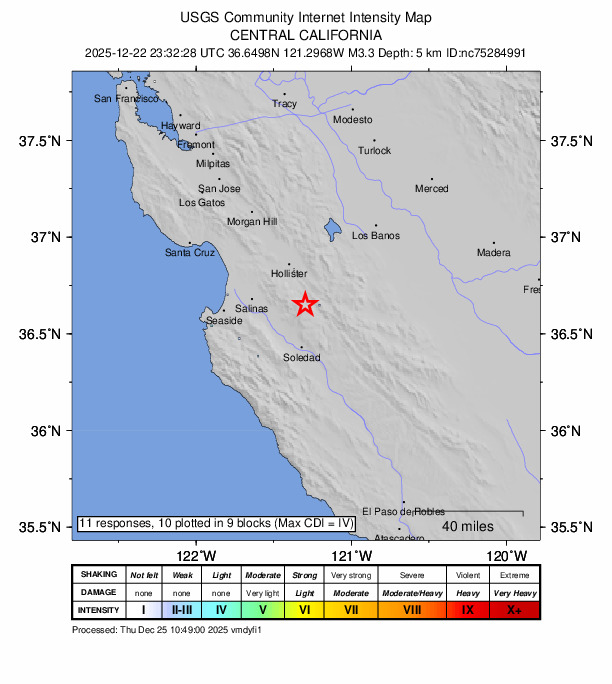 USGS DYFI community-reported intensity map for the M3.3 earthquake near 16 km S of Tres Pinos, CA