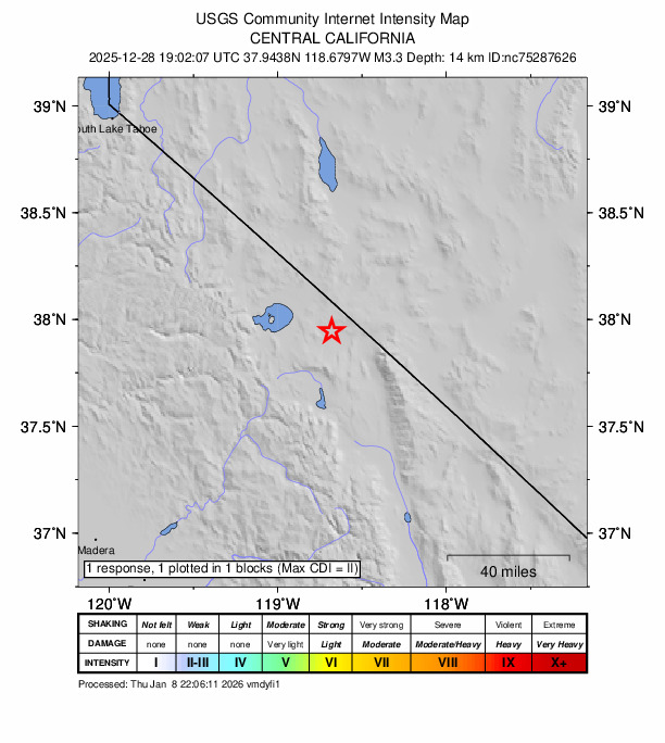 USGS DYFI community-reported intensity map for the M3.3 earthquake near 39 km E of Lee Vining, CA