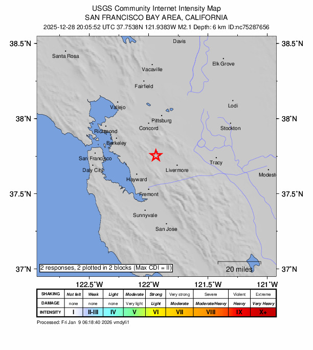 USGS DYFI community-reported intensity map for the M2.1 earthquake near 5 km SE of San Ramon, CA