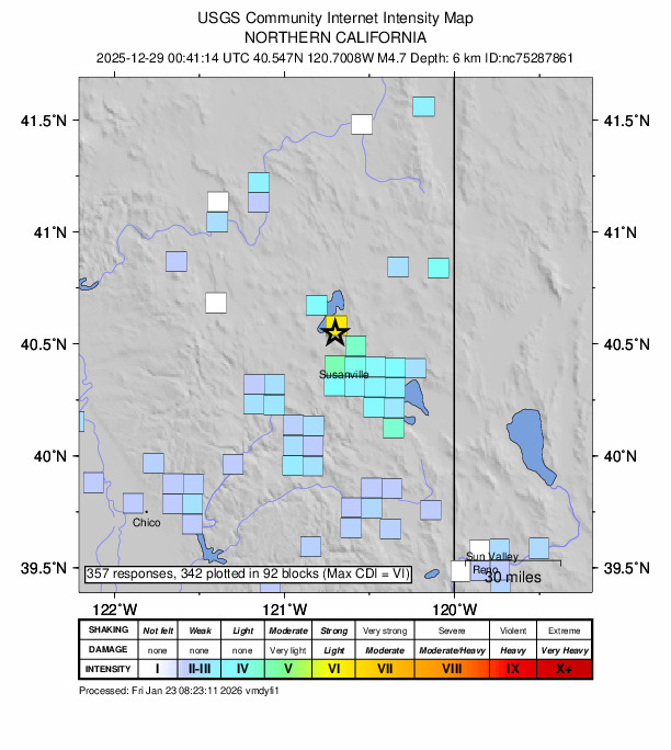 USGS DYFI community-reported intensity map for the M4.7 earthquake near 15 km NNW of Susanville, CA