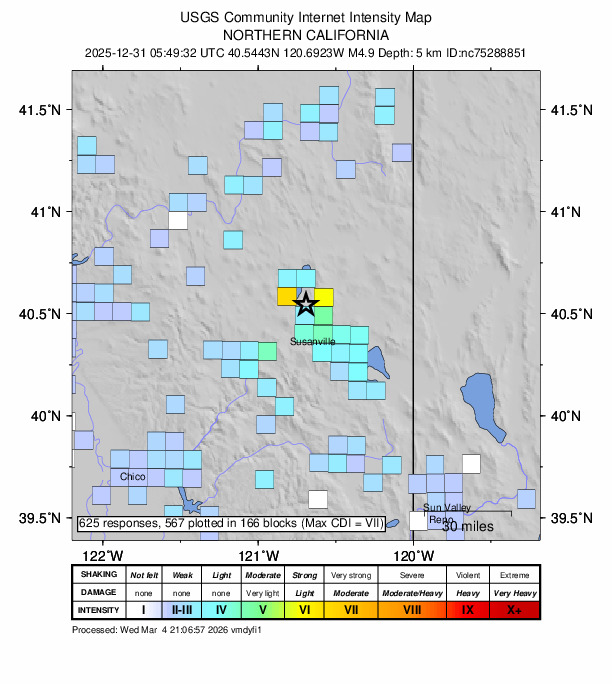 USGS DYFI community-reported intensity map for the M4.9 earthquake near 15 km NNW of Susanville, CA