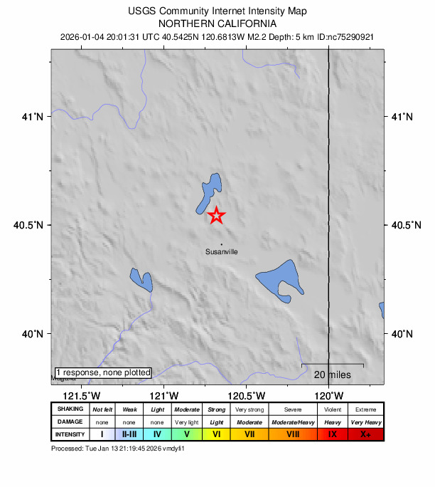 USGS DYFI community-reported intensity map for the M2.2 earthquake near 14 km NNW of Susanville, CA