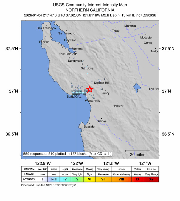 USGS DYFI community-reported intensity map for the M2.8 earthquake near 4 km N of Corralitos, CA
