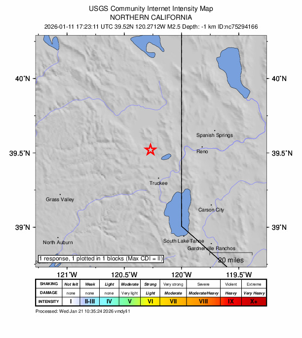 USGS DYFI community-reported intensity map for the M2.5 earthquake near 18 km S of Loyalton, CA