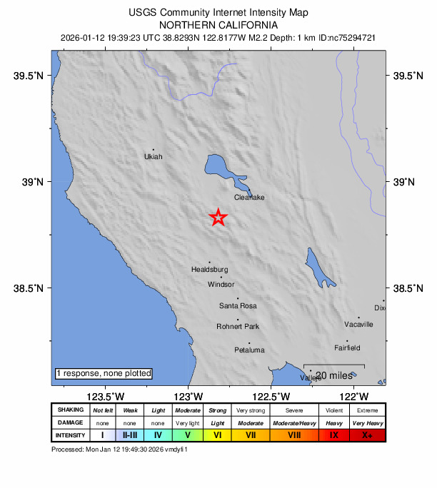 USGS DYFI community-reported intensity map for the M2.2 earthquake near 8 km NW of The Geysers, CA