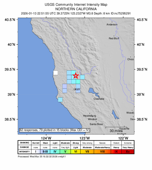 USGS DYFI community-reported intensity map for the M3.8 earthquake near 11 km ESE of Willits, CA