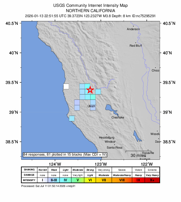 USGS DYFI community-reported intensity map for the M3.8 earthquake near 11 km ESE of Willits, CA