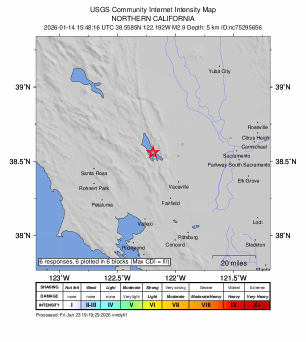 USGS DYFI community-reported intensity map for the M2.9 earthquake near 20 km W of Winters, CA