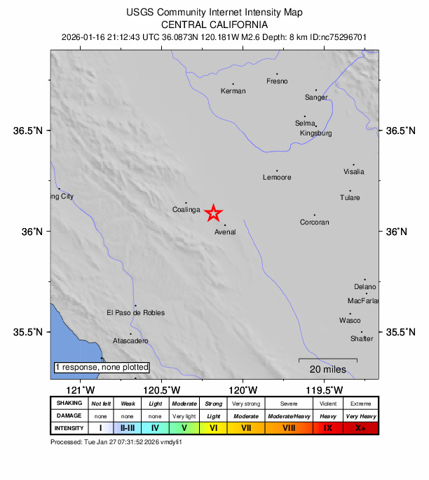 USGS DYFI community-reported intensity map for the M2.6 earthquake near 10 km NNW of Avenal, CA