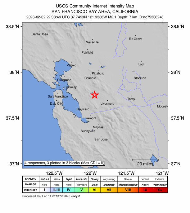 USGS DYFI community-reported intensity map for the M2.1 earthquake near 5 km SE of San Ramon, CA