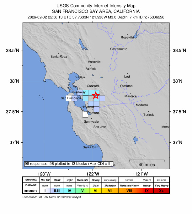 USGS DYFI community-reported intensity map for the M3.0 earthquake near 4 km ESE of San Ramon, CA
