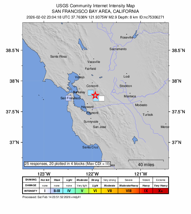 USGS DYFI community-reported intensity map for the M2.9 earthquake near 4 km ESE of San Ramon, CA