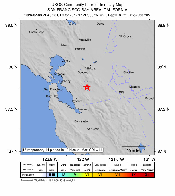 USGS DYFI community-reported intensity map for the M2.5 earthquake near 4 km ESE of San Ramon, CA