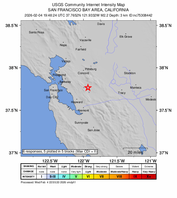 USGS DYFI community-reported intensity map for the M2.2 earthquake near 4 km ESE of San Ramon, CA